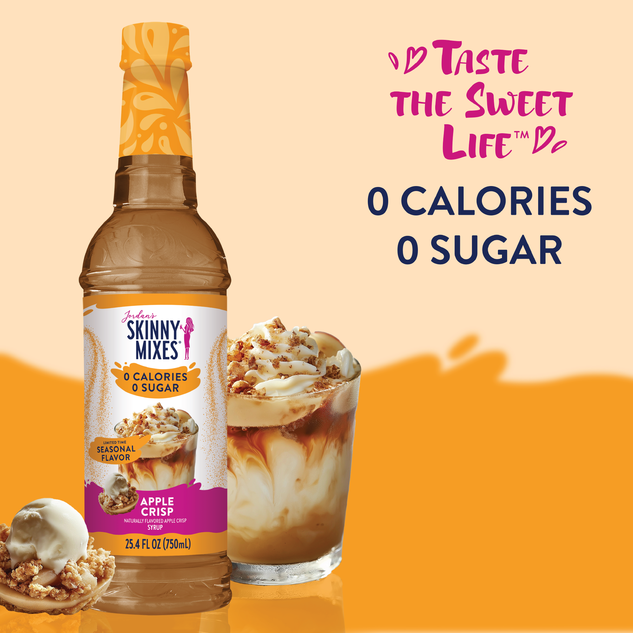 Bottle of Skinny Mixes SF Apple Crisp Syrup with zero-calorie apple, cinnamon, and brown sugar flavor, perfect for fall-inspired drinks and desserts.