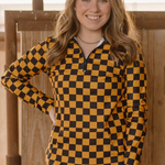Gold and black checkered pullover with collared neckline, quarter-zip front, and kangaroo pocket, laid flat to highlight bold colors and design.