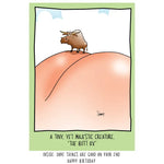 A cartoon illustration of a brown, furry creature resembling an ox on top of a behind, with the text "A Tiny, Yet Majestic Creature, 'The Butt Ox'".