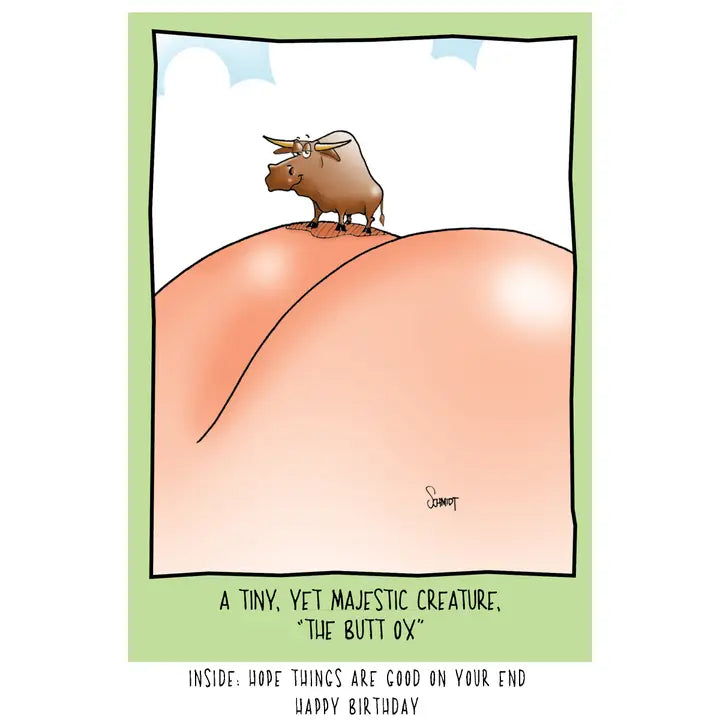 A cartoon illustration of a brown, furry creature resembling an ox on top of a behind, with the text "A Tiny, Yet Majestic Creature, 'The Butt Ox'".