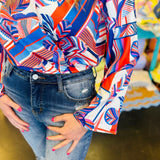 Blue Abstract Print Surplice Crop Blouse