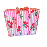Pink quilted cherry tote with stripes and zippered top