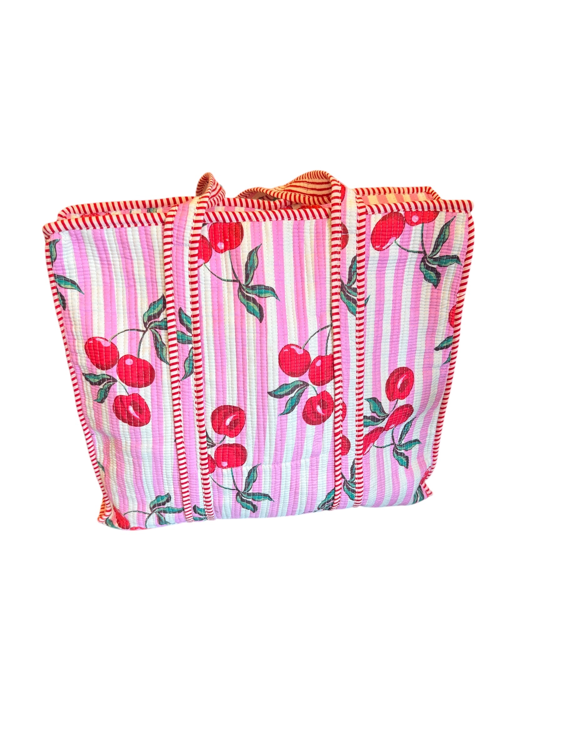 Pink quilted cherry tote with stripes and zippered top