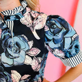 Navy Ruffled Mock Neck Floral Top
