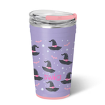 Swig Spellbound Party Cup 24oz with glitter glow-in-the-dark bats, stars, and whimsical witch hats on a lavender background, XL EZ Slider Lid.
