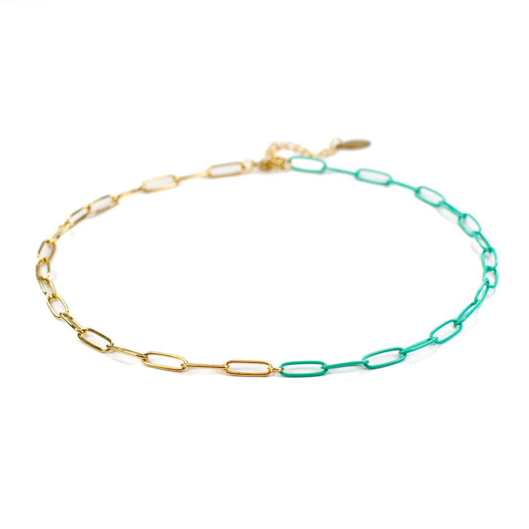 Gold & Turquoise Paperclip Chain Link Necklace
