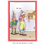 A birthday with with an elderly woman wearing a blindfold has just played "Pin the Tail on the Donkey." She has pinned the tail on the donkey's crotch area and is asking her elderly male partner, "Did I win?"