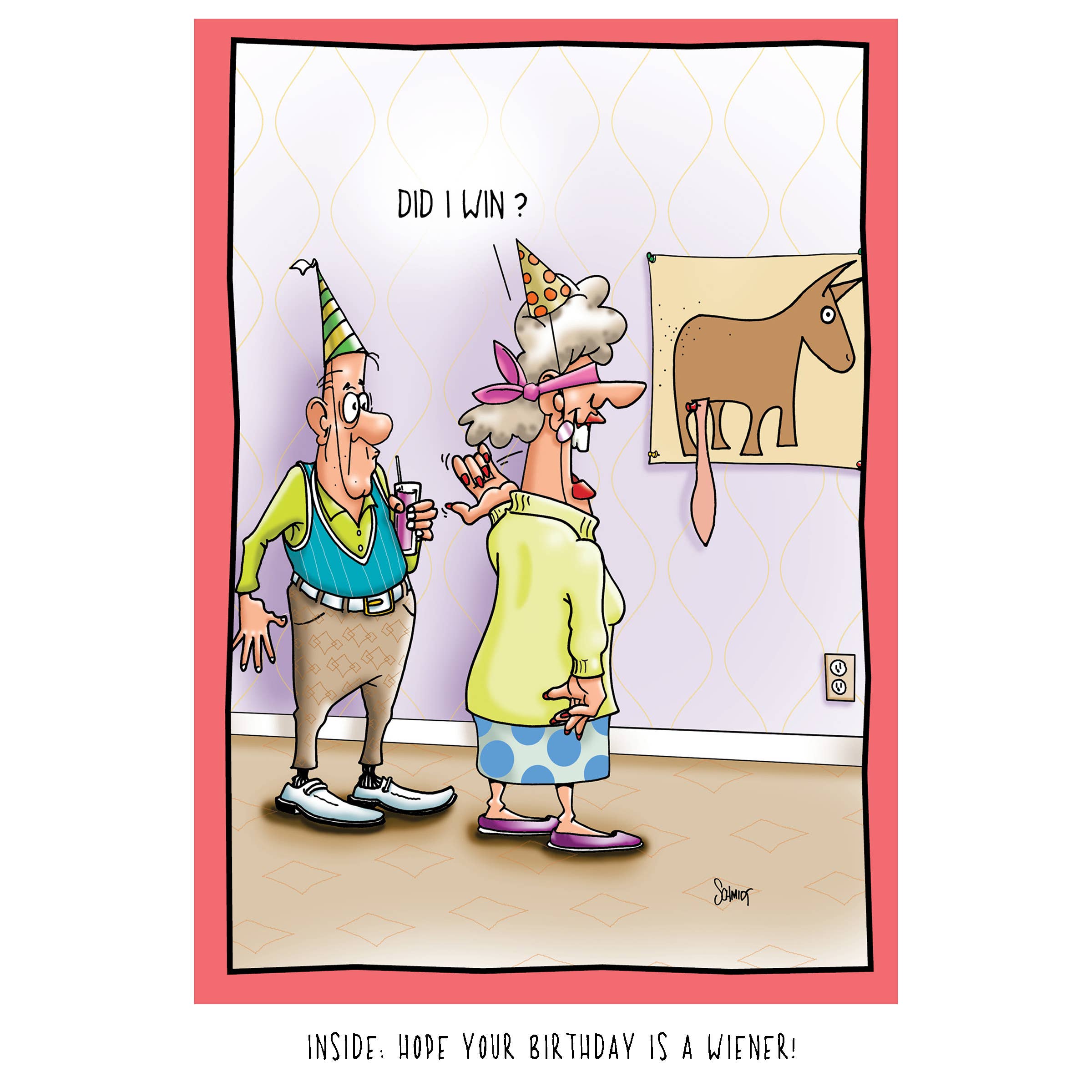 A birthday with with an elderly woman wearing a blindfold has just played "Pin the Tail on the Donkey." She has pinned the tail on the donkey's crotch area and is asking her elderly male partner, "Did I win?"