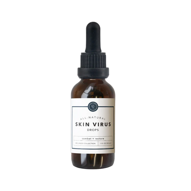 Small amber dropper bottle of Skin Virus Drops from Rowe Casa Organics