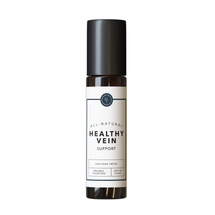 Bottle of 'Healthy Vein Support' from Rowe Casa Organics. It is a roller ball solution.