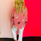 Back side of Queen Of Sparkles crimson red and white stripe icon University Of Oklahoma game day blouse.