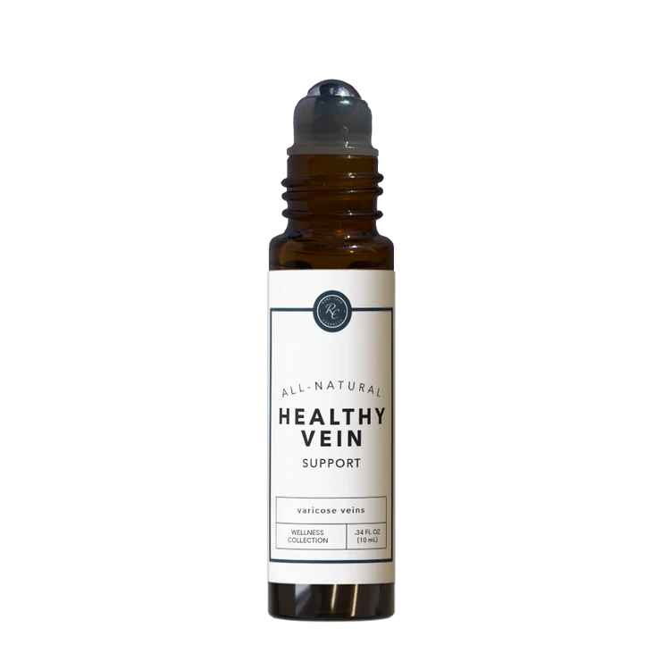 Bottle of 'Healthy Vein Support' from Rowe Casa Organics. It is a roller ball solution.