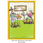 A card with an illustration of an elderly man and woman walking together. Each is using a walker that is playfully designed to look like a simple hobby horse.