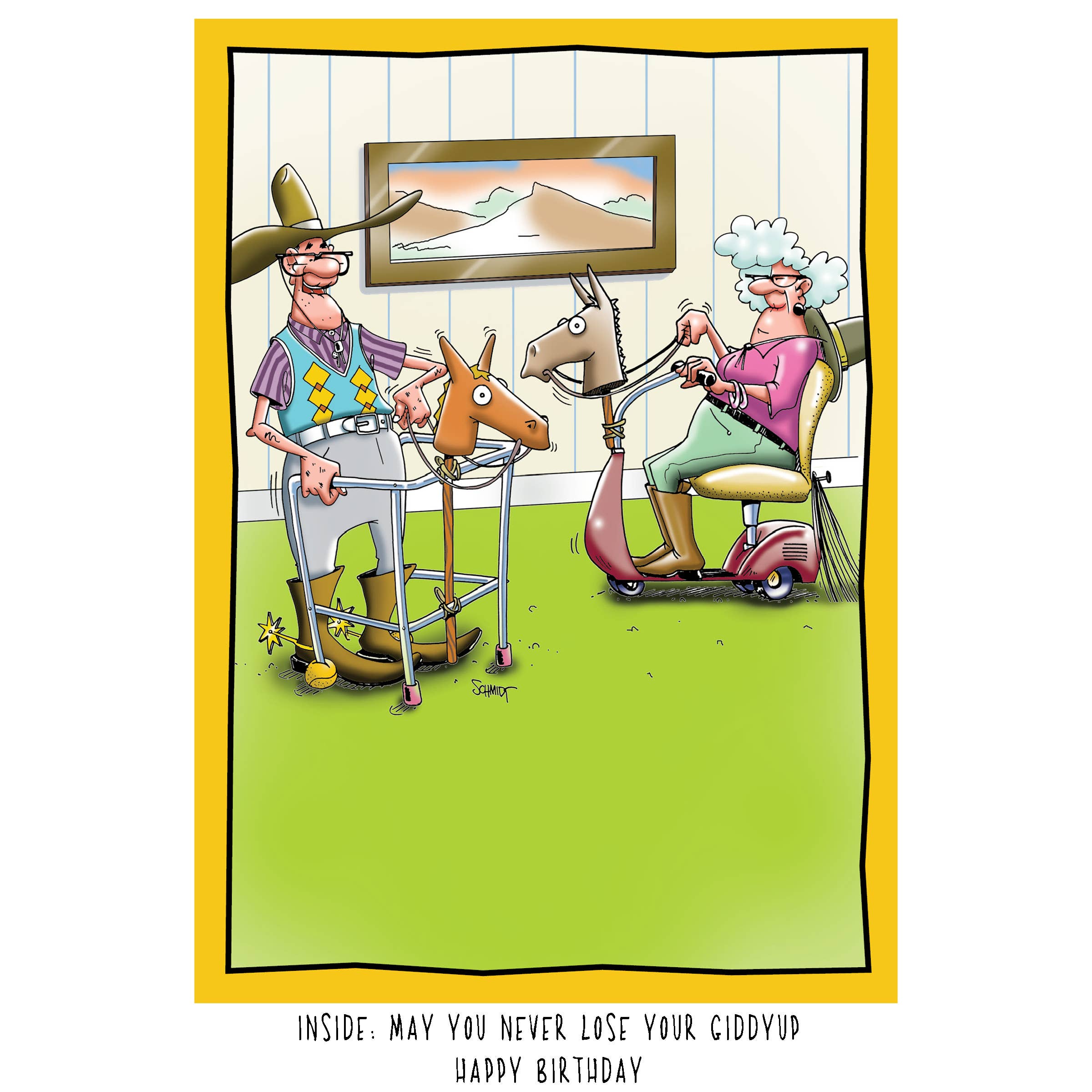 A card with an illustration of an elderly man and woman walking together. Each is using a walker that is playfully designed to look like a simple hobby horse.