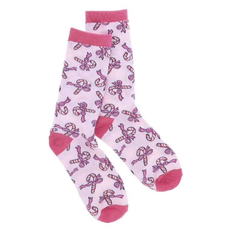 Blush pink tall crew socks with red candy canes and bows and hot pink toes, heels, and trim.