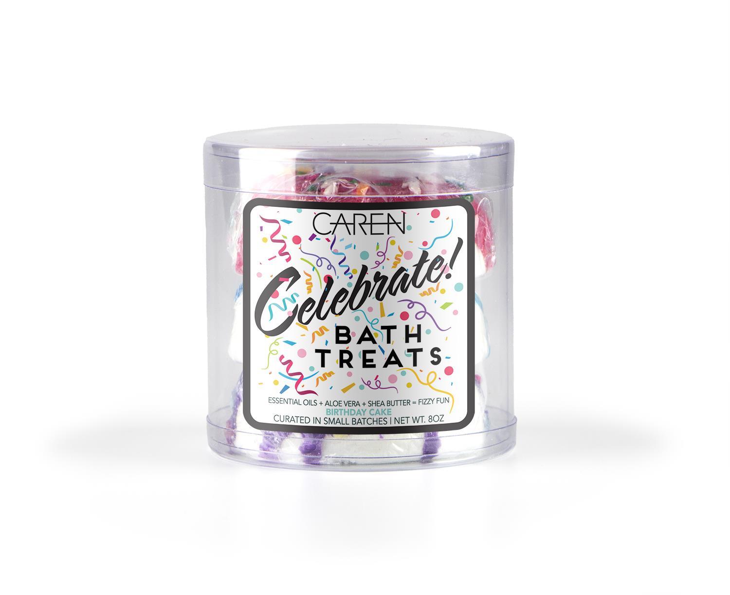 Three cheerful, round bath bombs in light, festive colors with colorful speckles.