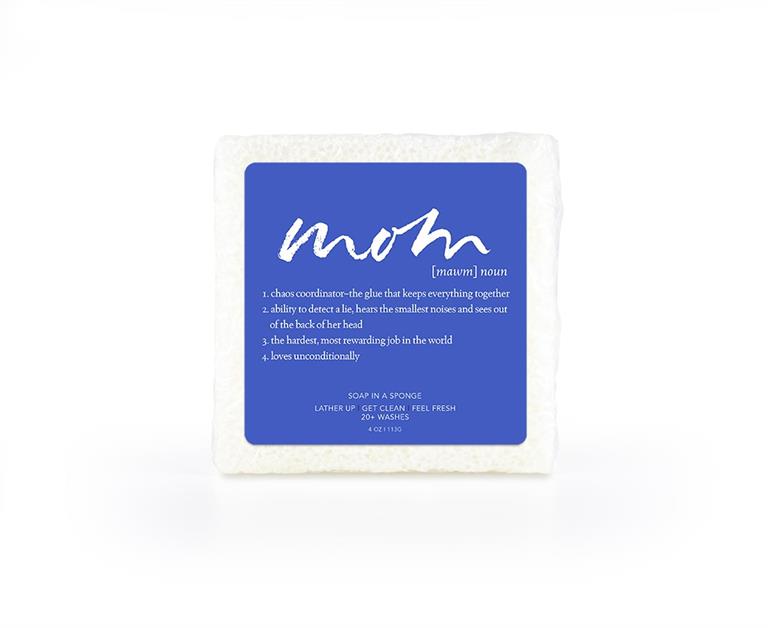 A soap-infused sponge with the word "Mom" on top.