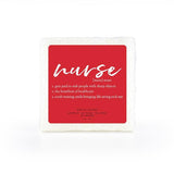 A white soap-infused perfumed sponge with nurse on the top.