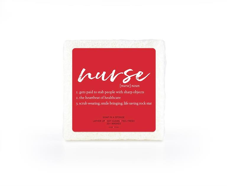 A white soap-infused perfumed sponge with nurse on the top.