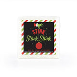 A humorously themed soap-infused sponge, featuring a label that says "Stink Stank Stunk."