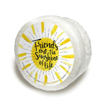 A colorful, soap-infused sponge with "Friends Are The Sunshine Of Life"