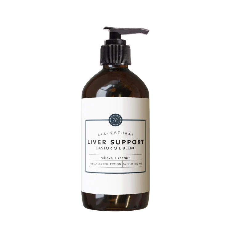 Bottle of liver support castor oil blend from Rowe Casa Organics