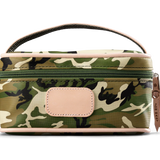 A camo colored Jon Hart mini makeup case with natural leather trim and a leather patch for personalization.