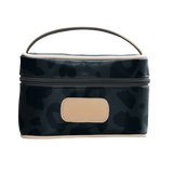 A dark leopard colored Jon Hart mini makeup case with natural leather trim and a leather patch for personalization.