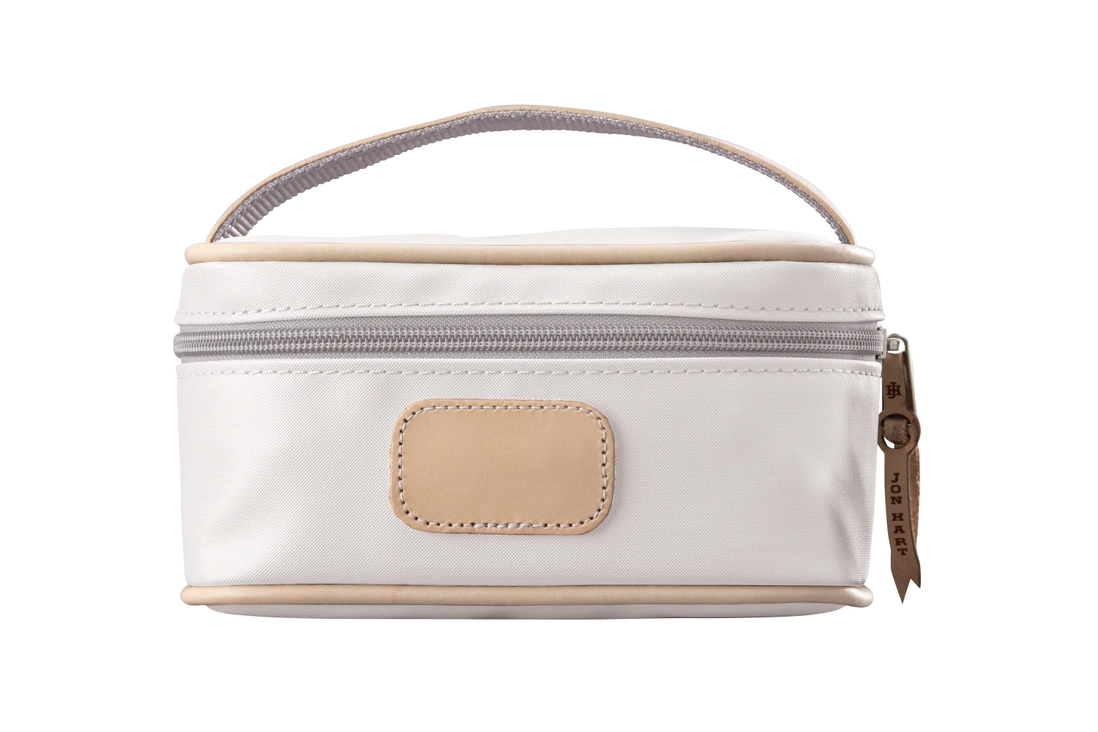 A white colored Jon Hart mini makeup case with natural leather trim and a leather patch for personalization.