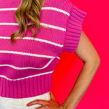 Bright Pink Striped Mock Neck Sweater
