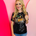 Black sequin top with leopard pumpkin