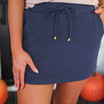 navy ribbed skort with elastic waist and drawstring pull