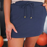 navy ribbed skort with elastic waist and drawstring pull