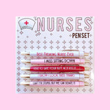 Set of five black ink nurse-themed pens with humorous sayings, perfect as a funny and thoughtful gift for nurses and healthcare workers.
