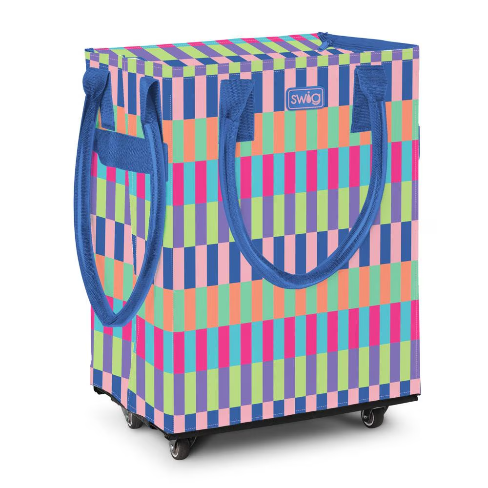 Swig Brite Stripe Mega Tote Bag with vibrant check pattern, zip cover, slip pocket, 4 swivel wheels, and durable laminated polypropylene design that holds up to 70 lbs.