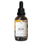 A bottle of Rowe Casa Relief Supplement, 2 oz size, with a dropper, labeled for pain and inflammation relief with organic ingredients.