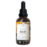 A bottle of Rowe Casa Relief Supplement, 2 oz size, with a dropper, labeled for pain and inflammation relief with organic ingredients.