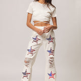 White Sequin American Flag Star Pants