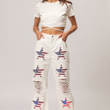 White Sequin American Flag Star Pants