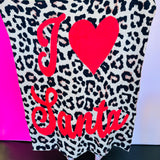 Leopard print I Love Santa blanket with bold red lettering, 50x57 inches.