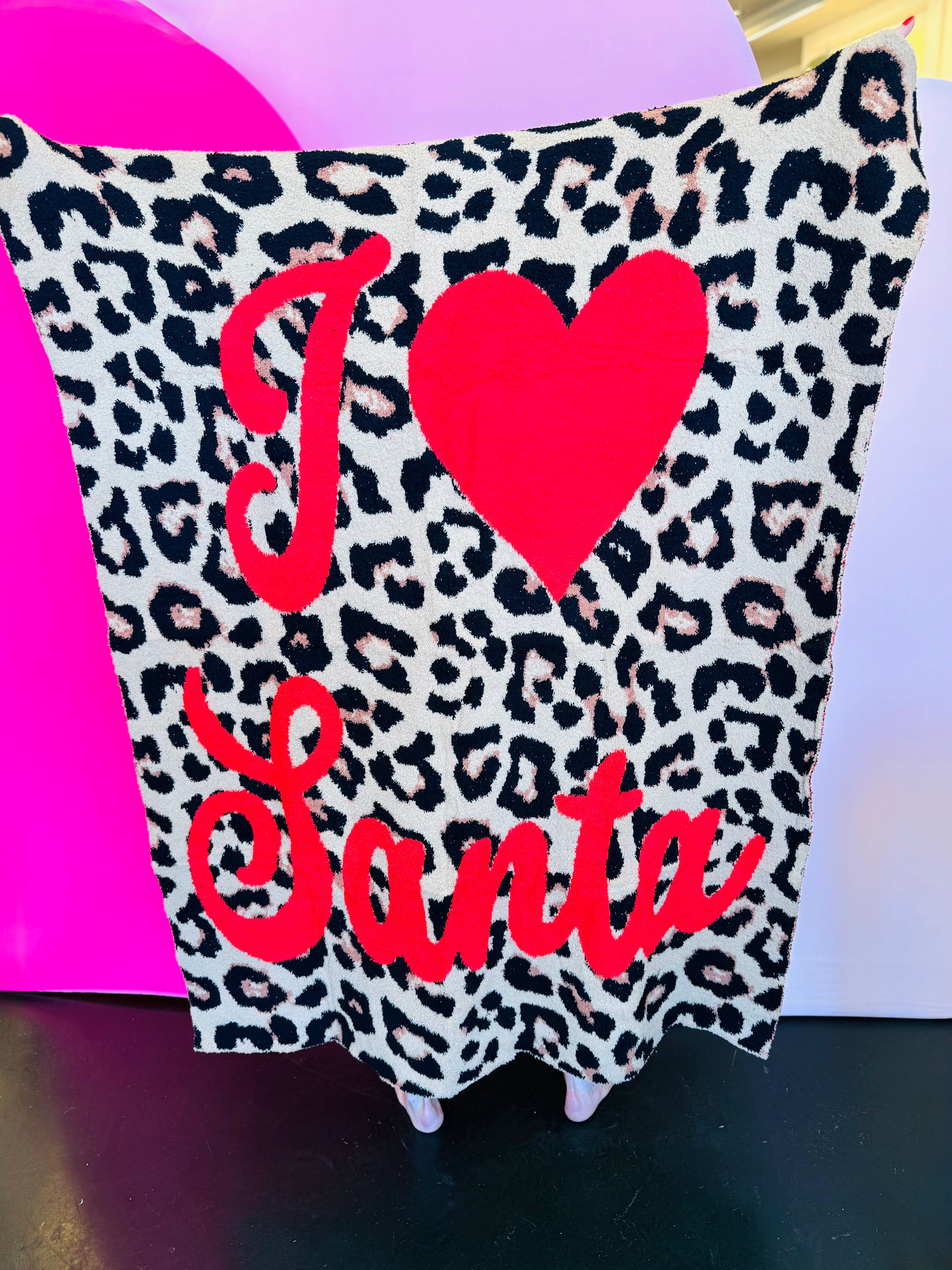 Leopard print I Love Santa blanket with bold red lettering, 50x57 inches.
