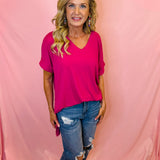 Magenta Rolled Sleeve V-Neck Top