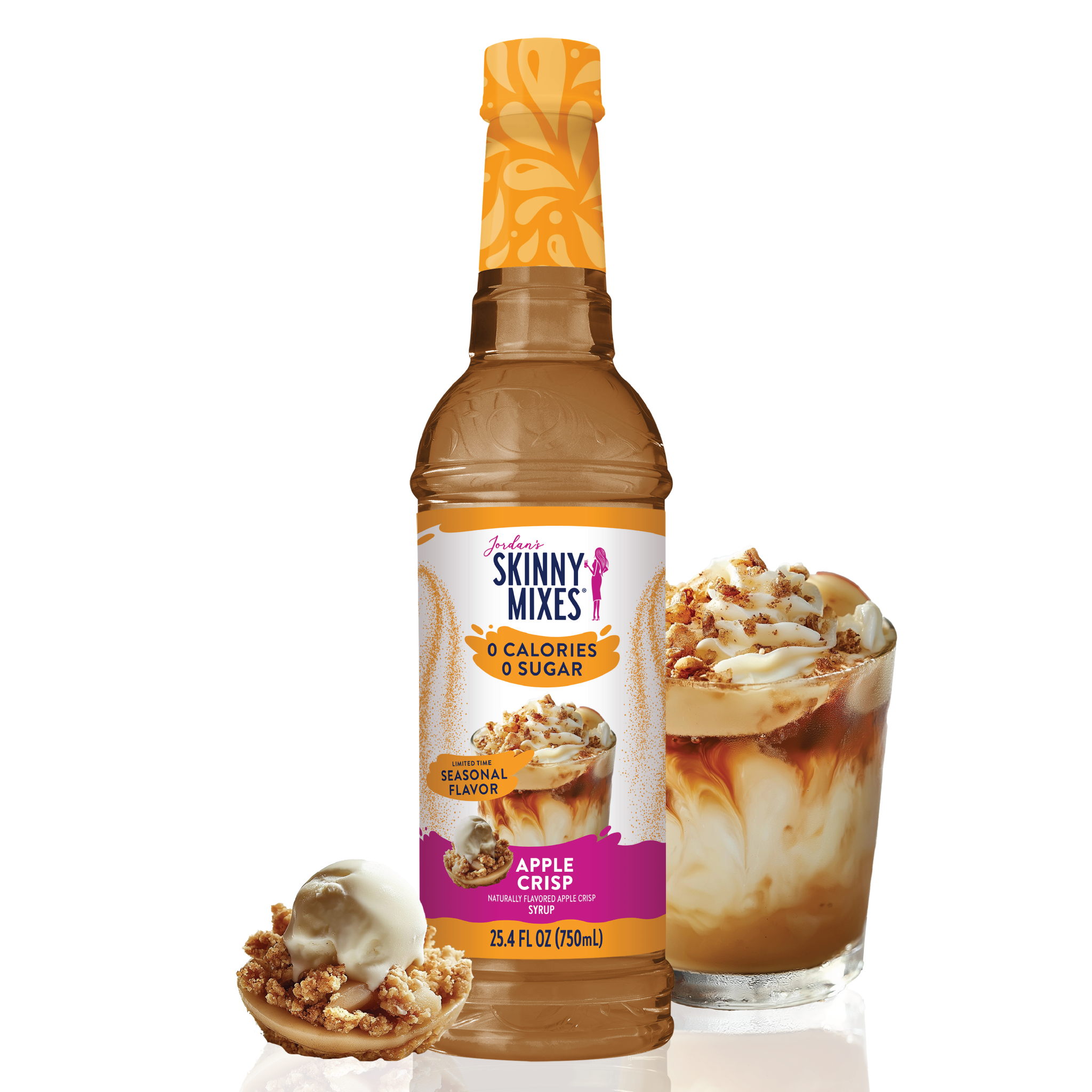 Bottle of Skinny Mixes SF Apple Crisp Syrup with zero-calorie apple, cinnamon, and brown sugar flavor, perfect for fall-inspired drinks and desserts.