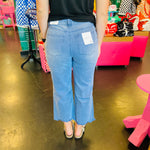 back side of Blackberry colored washed cropped jeans with distressed knees and raw hem