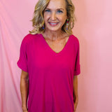 Magenta Rolled Sleeve V-Neck Top