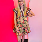 Brown Floral Flutter Sleeve Mini Dress