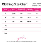 Size chart for short sleeve pajama tops with measurements in inches.