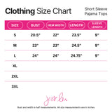 Size chart for short sleeve pajama tops with measurements in inches.