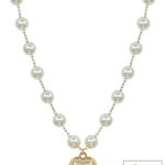 Water-resistant 10MM pearl necklace with puffy heart pendant, adjustable 16"–18".