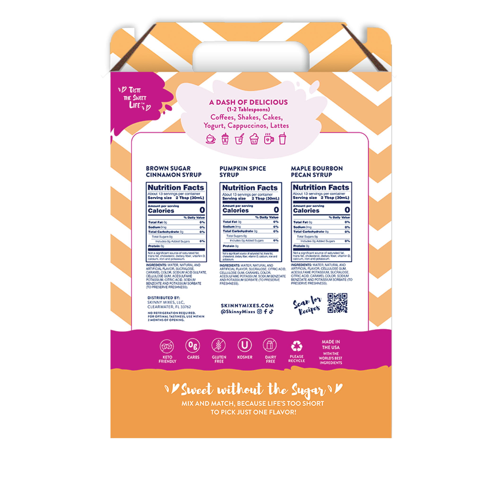 Nutrition facts for Fall Favorites Syrup Gift Set featuring Pumpkin Spice, Brown Sugar Cinnamon, and Maple Bourbon Pecan zero-calorie flavors, perfect for seasonal drinks and recipes.